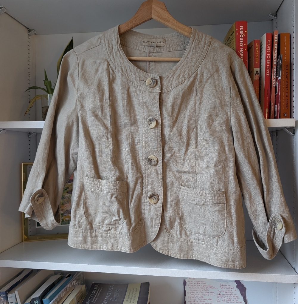 Marvin Richards Women Beige Linen Blazer Jacket Cropped Button Size Medium Boho